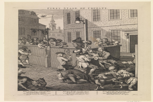 Eine Gruppe von Menschen und Tieren versammelt sich um ein Gebäude mit Fenstern und einem Laternenmast, mit einem Himmel im Hintergrund, und der Text "Erste Stufe der Grausamkeit" unten.