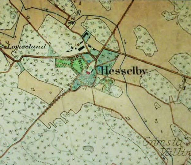 Alte Karte von Hesselby mit detaillierten Straßen, Gebäuden und markierten Landmarken durch Text und Zahlen.